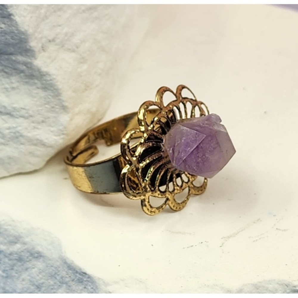 Raw Amethyst Crystal Filigree Gold Tone Adjustable Ring Boho Statement Gift
